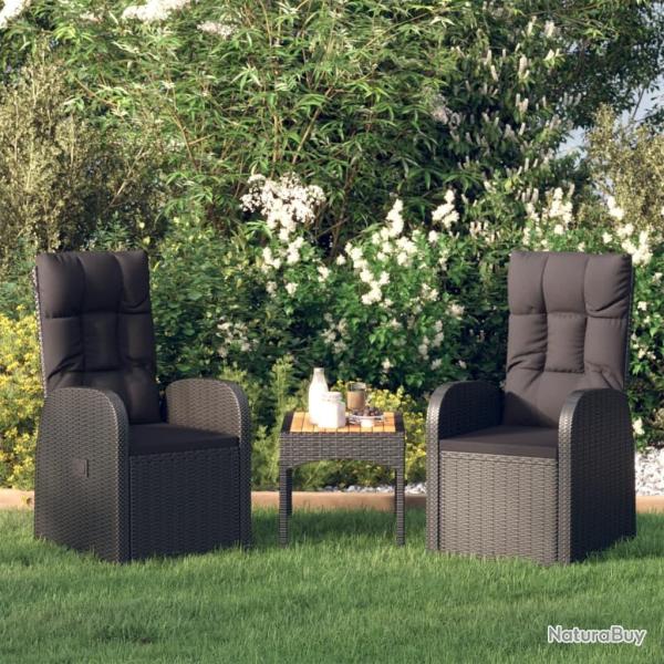 Chaise inclinable de jardin 2pc et coussins R�sine tress�e Noir