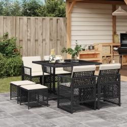 Ensemble &agrave; manger de jardin 9pcs coussins noir r&eacute;sine tress&eacute;e
