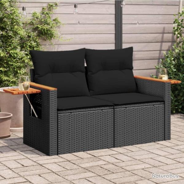Canap� de jardin avec coussins 2 places noir r�sine tress�e