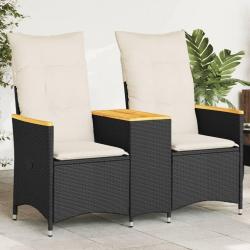 Canap&eacute; de jardin inclinable 2 places avec table noir poly rotin