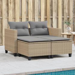 Canap&eacute; de jardin 2 places avec tabourets beige r&eacute;sine tress&eacute;e