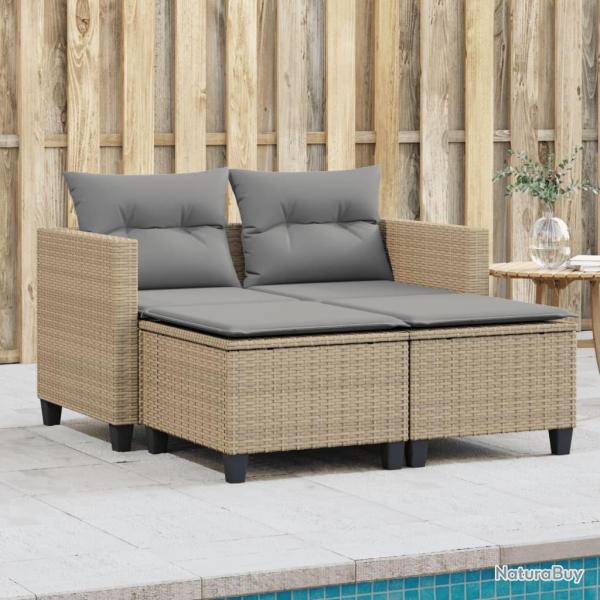 Canap� de jardin 2 places avec tabourets beige r�sine tress�e