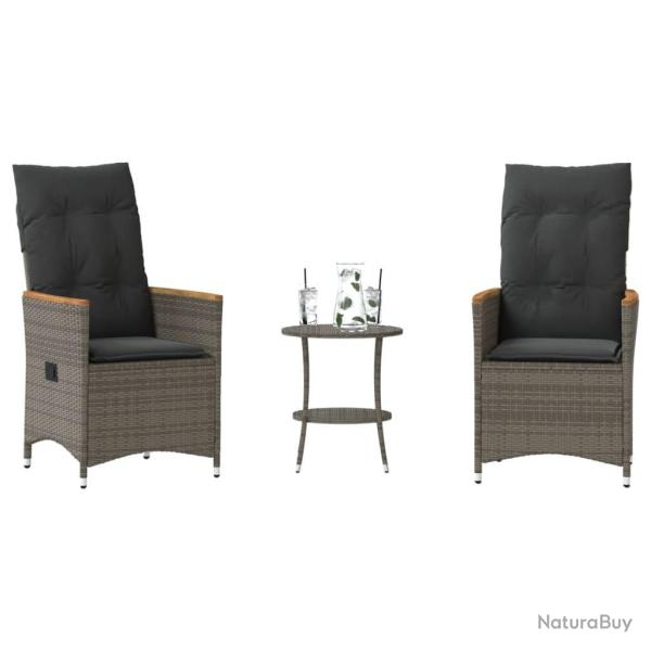 Ensemble de bistro 3 pcs avec coussins gris r�sine tress�e