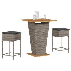Ensemble de bar de jardin 3 pcs et coussins gris r&eacute;sine tress&eacute;e