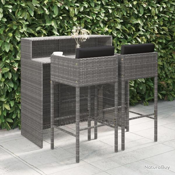 Ensemble de bar de jardin 3 pcs et coussins R�sine tress�e Gris