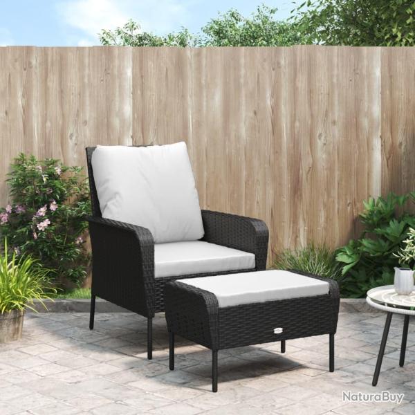 Chaise de jardin avec tabouret noir r�sine tress�e