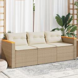 Canap&eacute; de jardin avec coussins 3 places beige r&eacute;sine tress&eacute;e