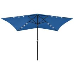 Parasol de jardin avec LED et m&acirc;t en acier bleu azur&eacute; 2x3 m
