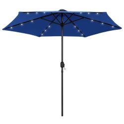 Parasol de jardin et lumi&egrave;res LED m&acirc;t en aluminium bleu azur&eacute;