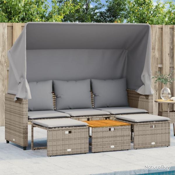 Canap� de jardin 3 places avec auvent et tabourets gris rotin