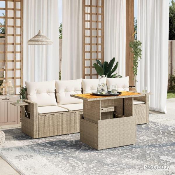 Salon de jardin avec coussins 5 pcs beige r�sine tress�e