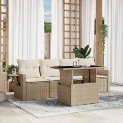 Salon de jardin avec coussins 5 pcs beige r&eacute;sine tress&eacute;e