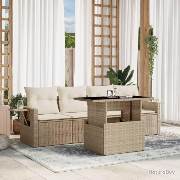 Salon de jardin avec coussins 5 pcs beige r�sine tress�e