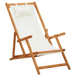 Chaise pliable de plage Bois d'eucalyptus solide et tissu Cr&egrave;me