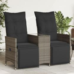 Canap&eacute; de jardin inclinable 2 places avec table gris poly rotin
