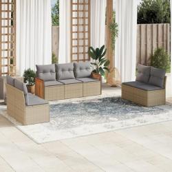Salon de jardin avec coussins 7 pcs beige r&eacute;sine tress&eacute;e