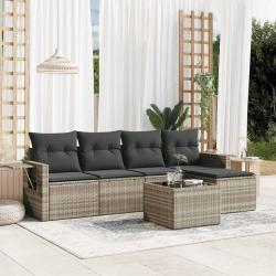Salon de jardin 6 pcs avec coussins gris clair r&eacute;sine tress&eacute;e