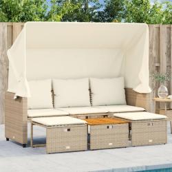 Canap&eacute; de jardin 3 places avec auvent et tabourets beige rotin