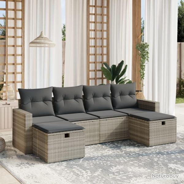 Salon de jardin 6 pcs avec coussins gris clair r�sine tress�e