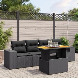 Salon de jardin 5 pcs avec coussins noir r&eacute;sine tress&eacute;e