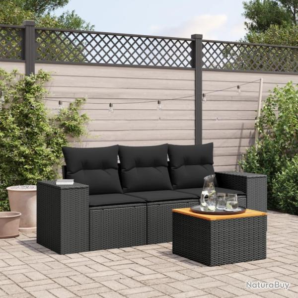 Salon de jardin 4 pcs avec coussins noir r�sine tress�e
