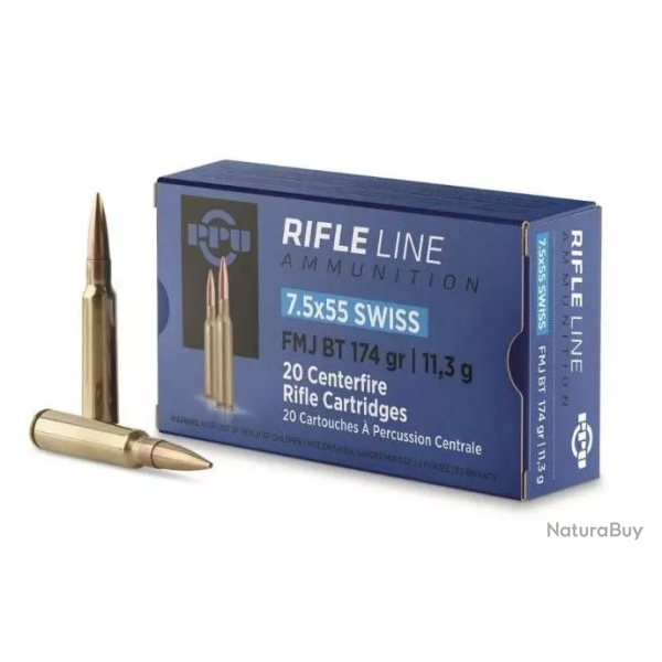 Boite de munition 7.5x55 Suisse FMJ 174 Grain 11.3g Partizan 20 cartouches
