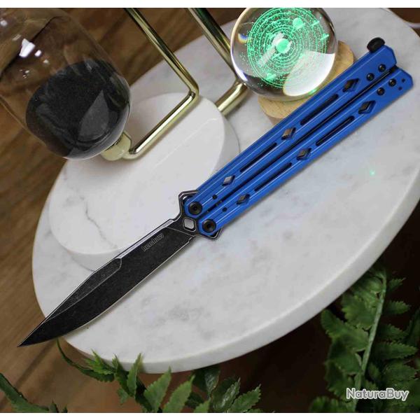 KS5150BLUBW Couteau Kershaw Lucha Balisong Blue Lame Clip Point Blk Acier Sandvik 14C28N Made USA