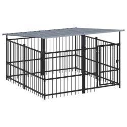 Chenil cage enclos pac animaux d'ext&eacute;rieur avec toit pour chiens acier 3,75 m&sup2; noir 02_0041760