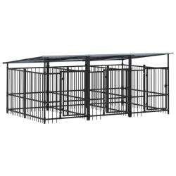 Chenil cage enclos pac animaux d'ext&eacute;rieur avec toit pour chiens acier 5,63 m&sup2; noir 02_0041763