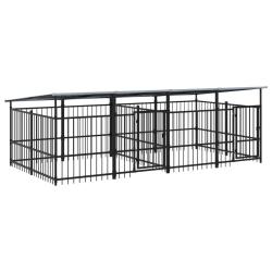 Chenil cage enclos pac animaux d'ext&eacute;rieur avec toit pour chiens acier 7,51 m&sup2; noir 02_0041768