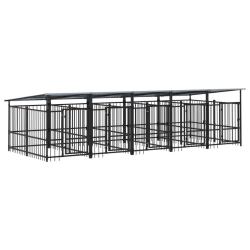 Chenil cage enclos pac animaux d'ext&eacute;rieur avec toit pour chiens acier 9,38 m&sup2; noir 02_0041774