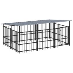 Chenil cage enclos pac animaux d'ext&eacute;rieur avec toit pour chiens acier 5,63 m&sup2; noir 02_0041764