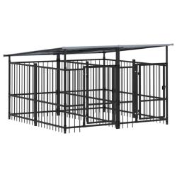 Chenil cage enclos pac animaux d'ext&eacute;rieur avec toit pour chiens acier 3,75 m&sup2; noir 02_0041759