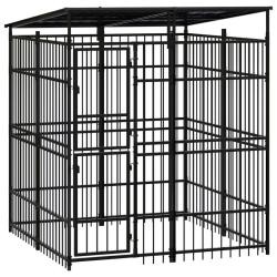 Chenil cage enclos pac animaux d'ext&eacute;rieur avec toit pour chiens acier 3,69 m&sup2; noir 02_0041758