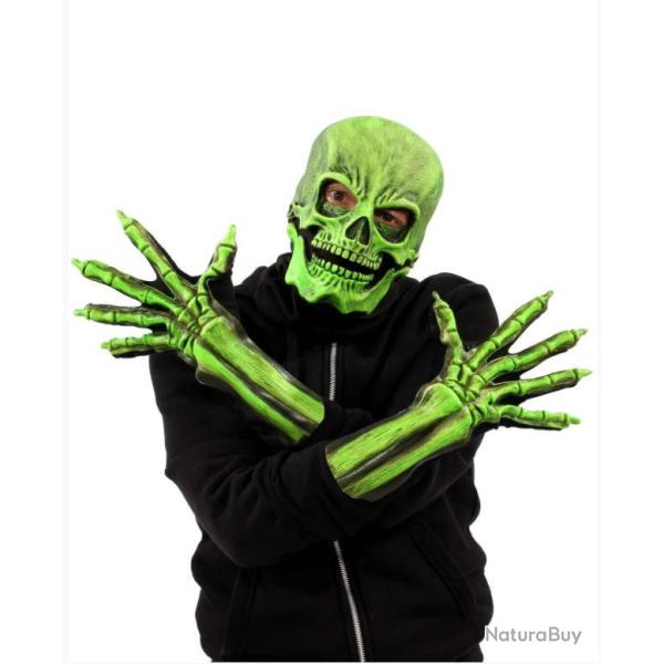D�guisement Halloween Kit Masque Latex Squelette + Gants Reactif UV Vert