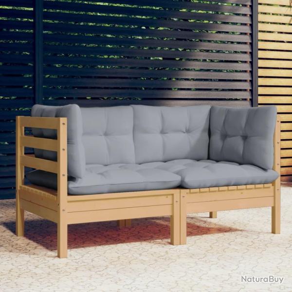 Canap� 2 places de jardin et coussins gris Bois de pin solide