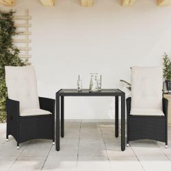 Ensemble de bistro 3 pcs avec coussins noir r&eacute;sine tress&eacute;e