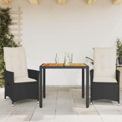 Ensemble de bistro 3 pcs et coussins noir r&eacute;sine tress&eacute;e acacia