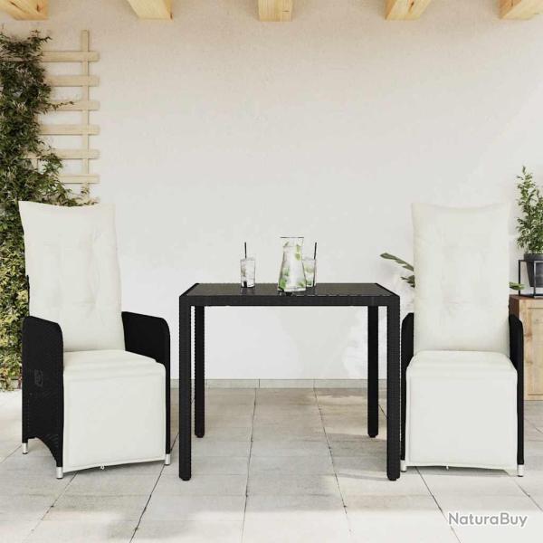 Ensemble de bistro de jardin 3 pcs coussins noir poly rotin
