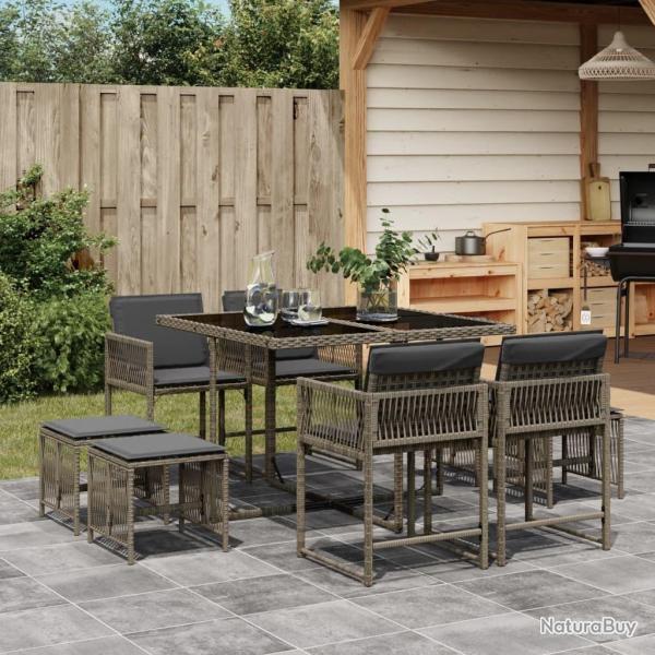 Ensemble � manger de jardin 9 pcs coussins gris r�sine tress�e