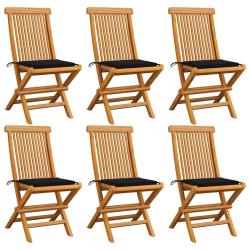 Chaises de jardin et coussins noir lot de 6 Bois de teck massif