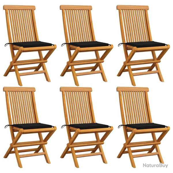 Chaises de jardin et coussins noir lot de 6 Bois de teck massif