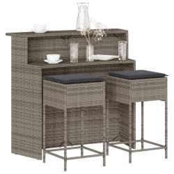 Ensemble de bar de jardin 3 pcs et coussins gris r&eacute;sine tress&eacute;e