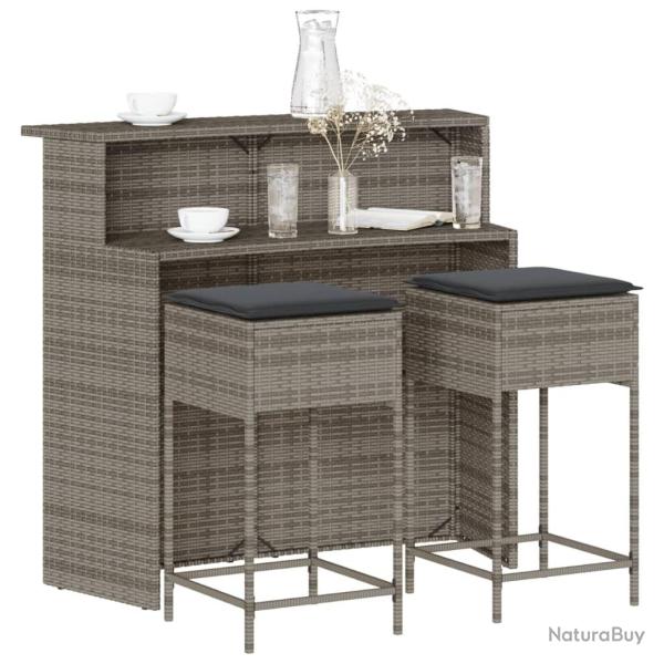 Ensemble de bar de jardin 3 pcs et coussins gris r�sine tress�e