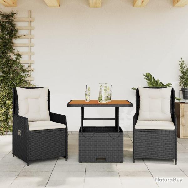 Ensemble de bistro 3 pcs avec coussins noir r�sine tress�e