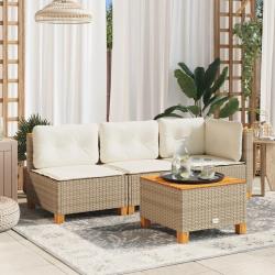 Canap&eacute; de jardin sans accoudoirs coussins beige r&eacute;sine tress&eacute;e