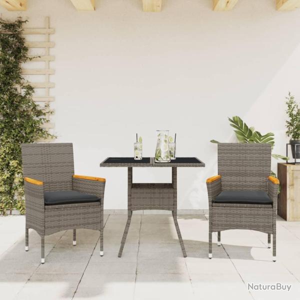 Ensemble � manger de jardin et coussins 3 pcs gris rotin verre