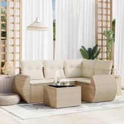 Salon de jardin avec coussins 5 pcs beige r&eacute;sine tress&eacute;e