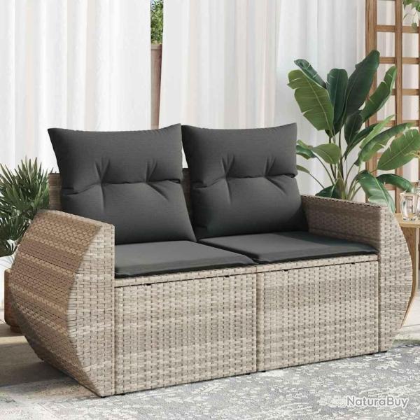 Canap� de jardin 2 places et coussins gris clair r�sine tress�e