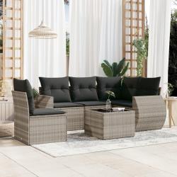 Salon de jardin 6 pcs avec coussins gris clair r&eacute;sine tress&eacute;e